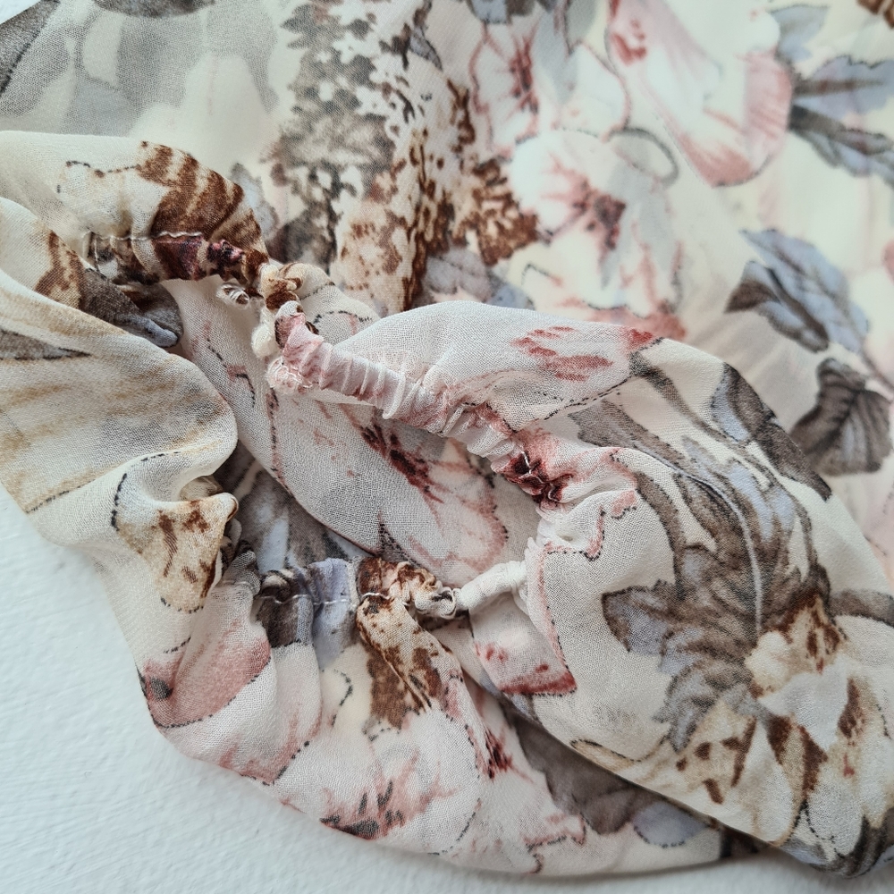 Ally Size 12 Womens V-Neck Cream Grey Sheer Puff Long Sleeves Floral Cropped Top - Picture 5 of 11